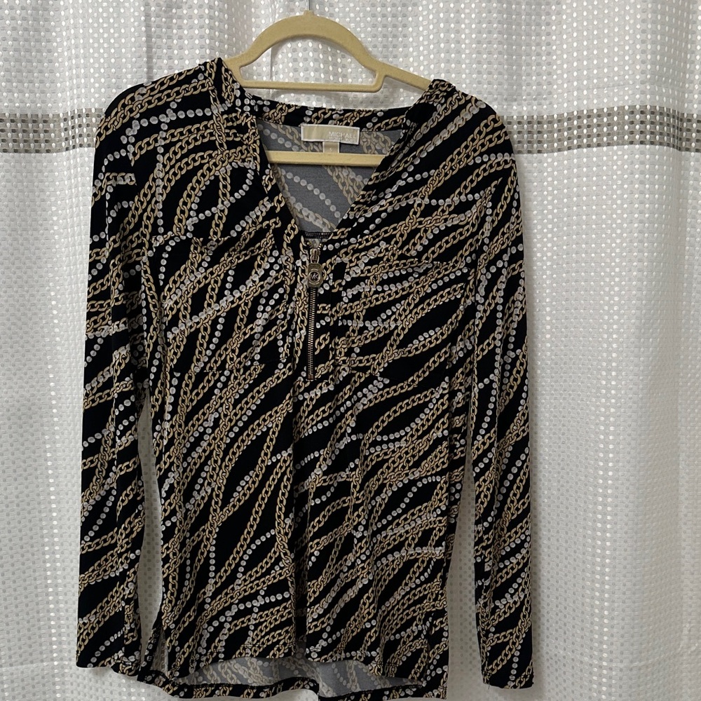 MICHAEL Michael Kors Black and Gold Chain Print Long Sleeve Top